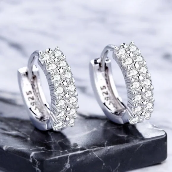 .925 Sterling Silver Mini Hoop Sparkle Zircon Earrings - Picture 2 of 4